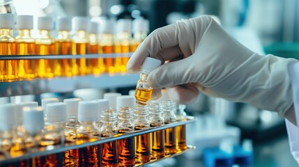Hand with sanitary gloves check medical vials on lab