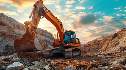 Excavator in a quarry with sunlight - obrazy, fototapety, plakaty