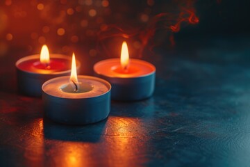 Burning candles on dark table  space for text. Memory day