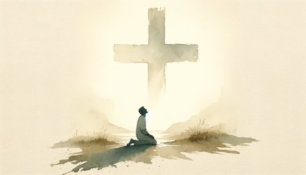 Christian man praying in front of a cross in a watercolor style.  Digital watercolor painting.