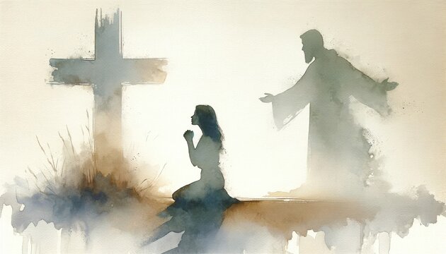 Silhouette of a woman praying in front of the cross, shadow of a man on the wall. Digital watercolor painting.