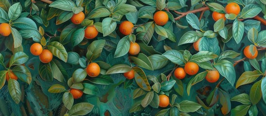 The painting depicts a vibrant mandarin orange citrus reticulata tree laden with ripe fruits. The bountiful display showcases the foliage and fruits in all their glory. - obrazy, fototapety, plakaty