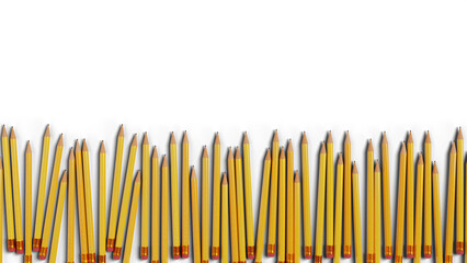 Array of school pencils on transparent background. Isolated picture. Drawing, office work, detailed accessory picture of tools of writing and drawing. 