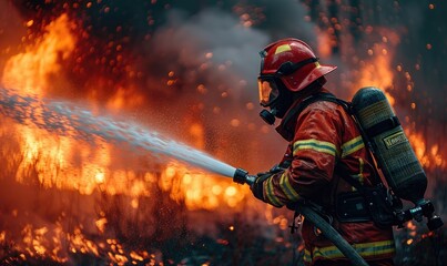A firemen using fire hose to extinguish a fire