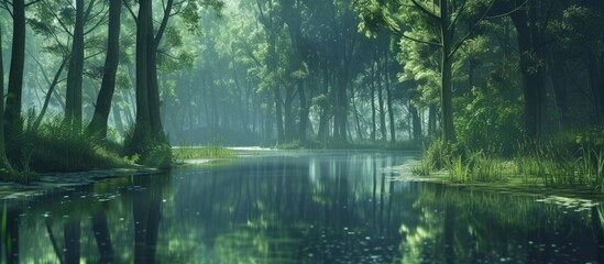 A river calmly flows through a dense forest filled with vibrant green foliage. The water reflects the trees, creating a serene and peaceful scene in nature.