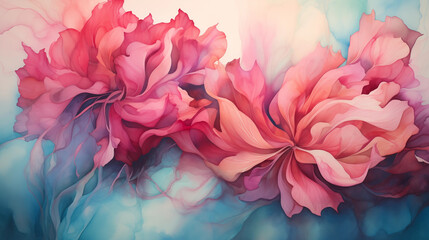 Lush red peonies flowers closeup on a watercolor abstract background.