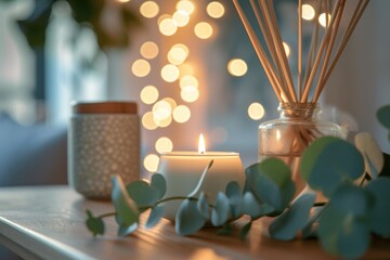 Home decor with hygge  aromatherapy  diffusers  candles  eucalyptus.