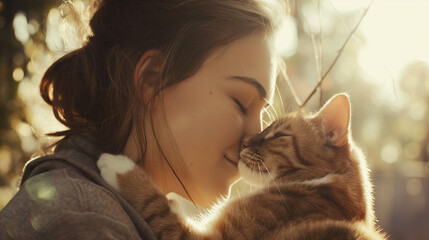 Retrato de uma bela jovem com um gato na natureza. - obrazy, fototapety, plakaty