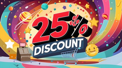 graphic featuring a bold "25% DISCOUNT" text, with a colorful background of swirling stars, planets, and shooting stars
