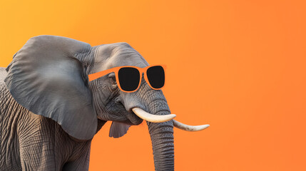 Retrato de um elefante com óculos escuros em um fundo laranja. Renderização 3D - obrazy, fototapety, plakaty
