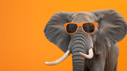 Retrato de um elefante com óculos escuros em um fundo laranja. Renderização 3D