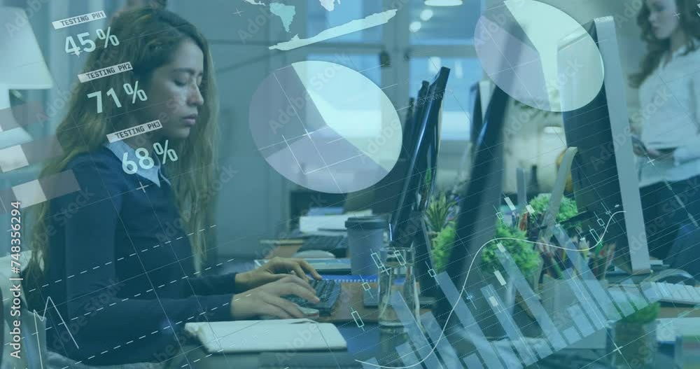 Poster animation of financial data processing over caucasian businesswoman using computer