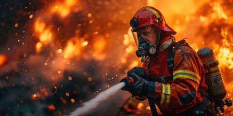 Fototapeta premium A firemen using fire hose to extinguish a fire