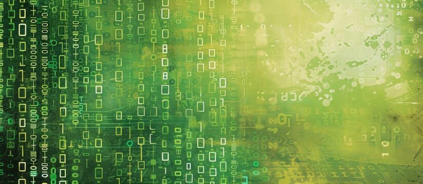 A vintage-style green and yellow background featuring a plethora of numbers in different sizes and fonts, resembling binary code on a computer screen. The numbers are scattered across the image