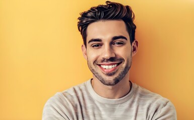 Obraz premium handsome brunette man. smiling, perfectly aligned white teeth, looking at the camera, beard, commercial ad model.