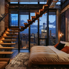 loft bedroom with city view