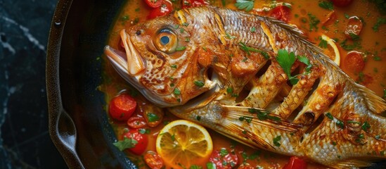 A fresh striped bass is being braised in a pan with juicy tomatoes and slices of lemon, creating a flavorful and succulent dish.