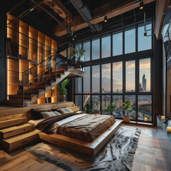 loft bedroom with city view - obrazy, fototapety, plakaty
