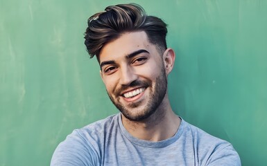 Obraz premium handsome brunette man. smiling, perfectly aligned white teeth, looking at the camera, beard, commercial ad model.