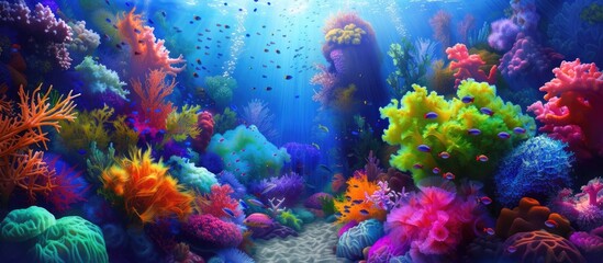 Fototapeta na wymiar This painting showcases a vibrant coral reef teeming with colorful marine life. Brightly colored fish, intricate coral formations, and swaying sea plants create a lively underwater scene.