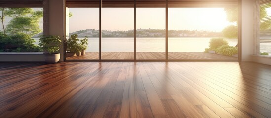 A spacious, empty room with dark wooden laminate flooring provides a view of the water outside. This room is part of a newly built countryside apartment or house,
