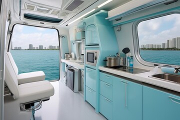 Luxurious and modern galley kitchen interior aboard a stunning yacht, offering a stylish space with ocean view, ideal for elegant dining and entertaining guests at sea. - obrazy, fototapety, plakaty