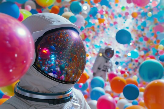 Astronaut among colorful balloons