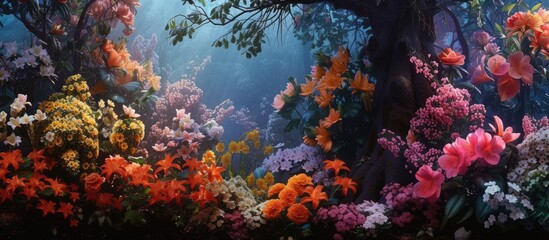 Fototapeta na wymiar An underwater scene showcasing a variety of colorful flowers blooming amidst the aquatic environment. The vibrant plants add a pop of color to the serene underwater world, creating a unique and