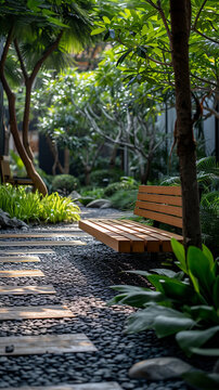 A peaceful garden with a wooden bench Calmness atmospheric photo footage for TikTok, Instagram, Reels, Shorts