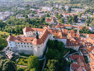 Fototapeta na wymiar Skofja Loka Castle and Museum, Medieval Town, Aerial View, Slovenia