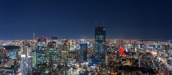 Tokyo central area city view with Azabudai Hills and Tokyo Tower at night.