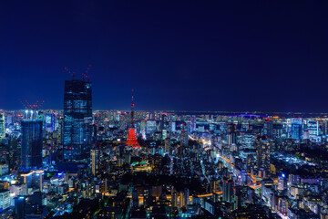 Tokyo central area city view with Azabudai Hills and Tokyo Tower at night.
