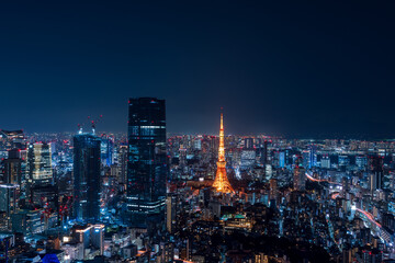Fototapeta na wymiar Tokyo central area city view with Azabudai Hills and Tokyo Tower at night.
