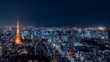 Naklejka premium Tokyo central area city view with Azabudai Hills and Tokyo Tower at night.