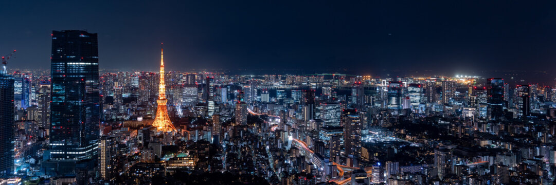 Fototapeta Tokyo central area city view with Azabudai Hills and Tokyo Tower at night.