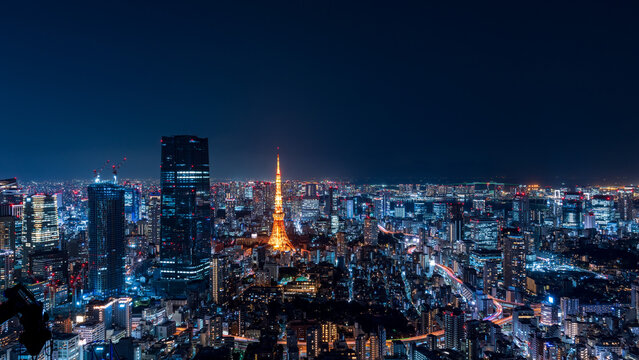 Fototapeta Tokyo central area city view with Azabudai Hills and Tokyo Tower at night.