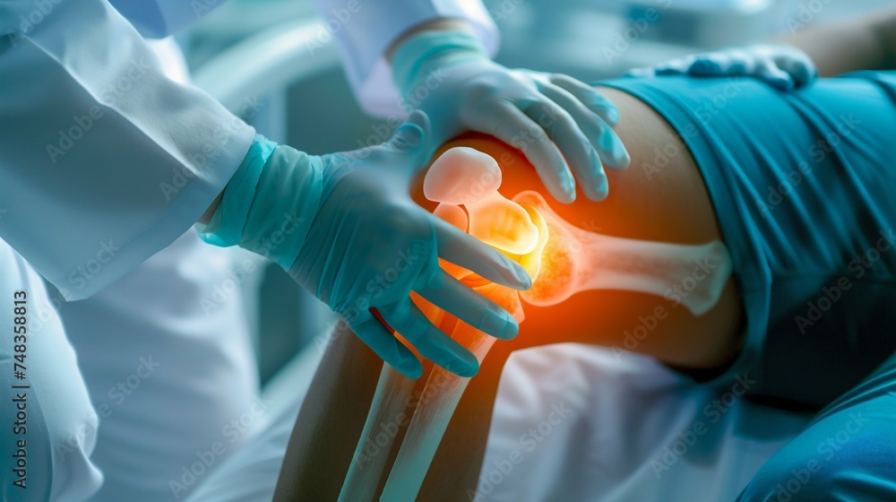 Wall mural physician examining patient's knee joint in clinic. generative ai