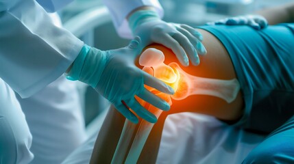 Physician Examining Patient's Knee Joint in Clinic. Generative ai - obrazy, fototapety, plakaty