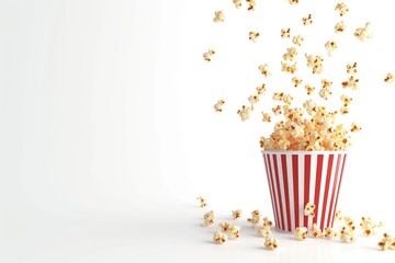 Popcorn in striped bucket isolated on white background