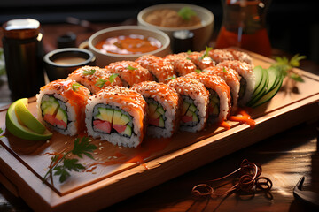 sushi rolls garnished with sesame on a wooden plate, inviting a taste of Japanese cuisine