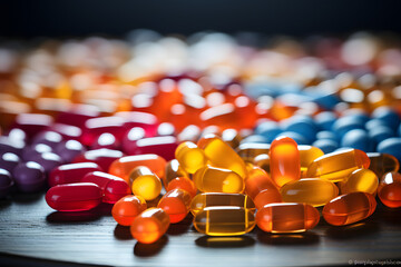 An array of colorful capsules spilled from a jar, symbolizing medical treatment and healthcare