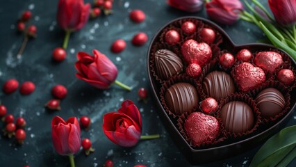 Chocolate candy hearts and flowers