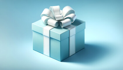 Fototapeta premium A pristine blue gift box with a white bow, poised on a blue background