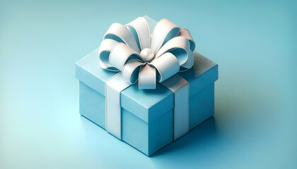 A pristine blue gift box with a glossy white bow, poised on a soft blue backdrop