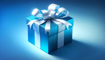 Obraz premium A pristine blue gift box with a glossy white bow, poised on a soft blue backdrop