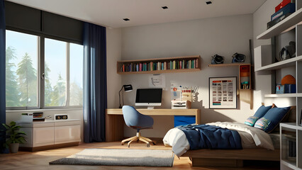 "Sleek modern teenager's room with an integrated workplace, exuding contemporary comfort