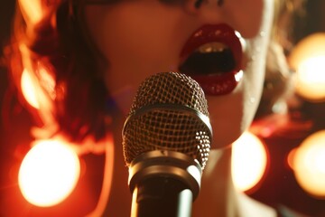 Close-up of a female singer with a microphone on stage with warm bokeh lighting in the background. - obrazy, fototapety, plakaty