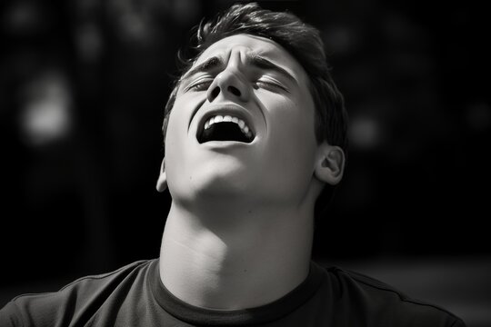 A dramatic black and white portrait capturing the intense emotion of a young man as he screams with his head thrown back and mouth wide open, conveying a mix of ecstasy and pain.