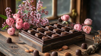 Chocolate candy hearts and flowers