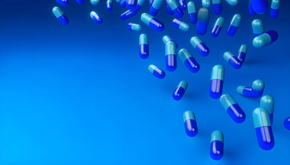 Blue and white capsules cascade on a deep blue background, symbolizing health and medicine